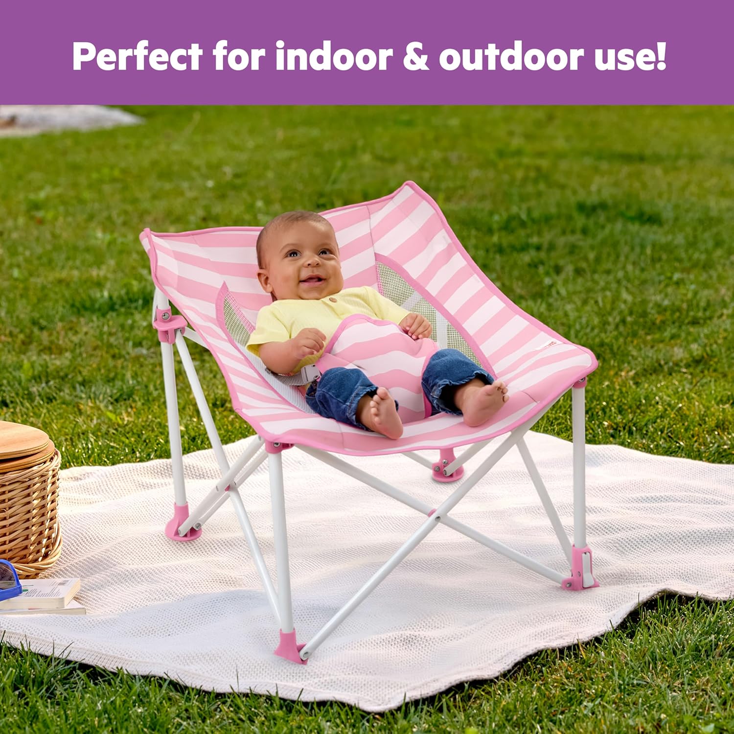 Bright Starts Pop ’N Chill Baby Chair Travel Seat, Indoor/Outdoor Use, Portable Infant Seat with Removable UPF 50+ Canopy, Pink, 0-6 Months