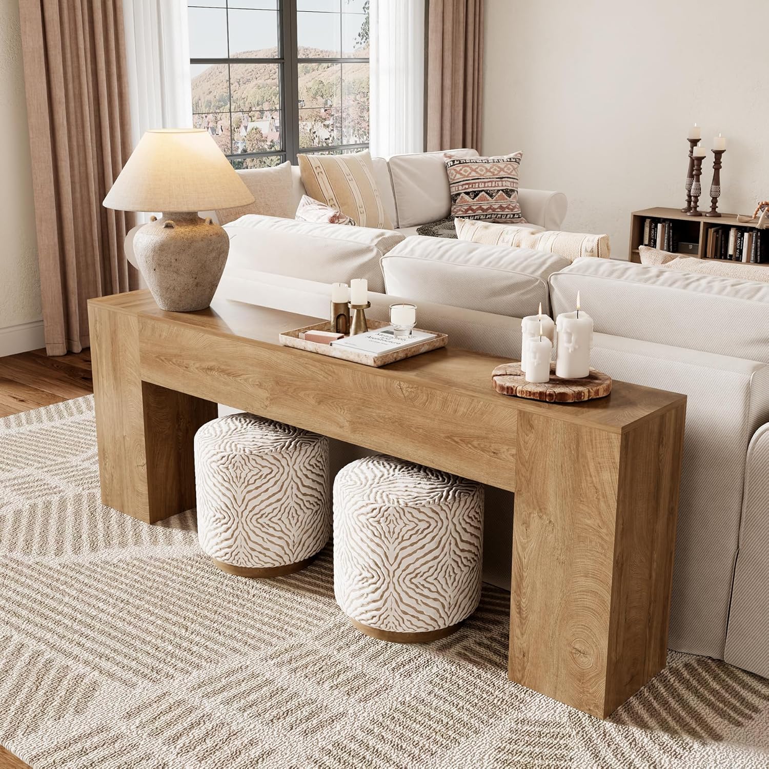 Extra Long Console Tables for Entryway 86-Inch, Farmhouse Sofa Table Behind Couch, Wooden Hallway Table for Living Room, Entrance, Natural Oak