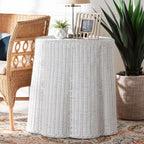 Bali & pari Palm Scallop Rattan Console Table – Handwoven Wicker Round Accent Table for Living Room, Sunroom or Foyer Place, Coastal Boho Style in White