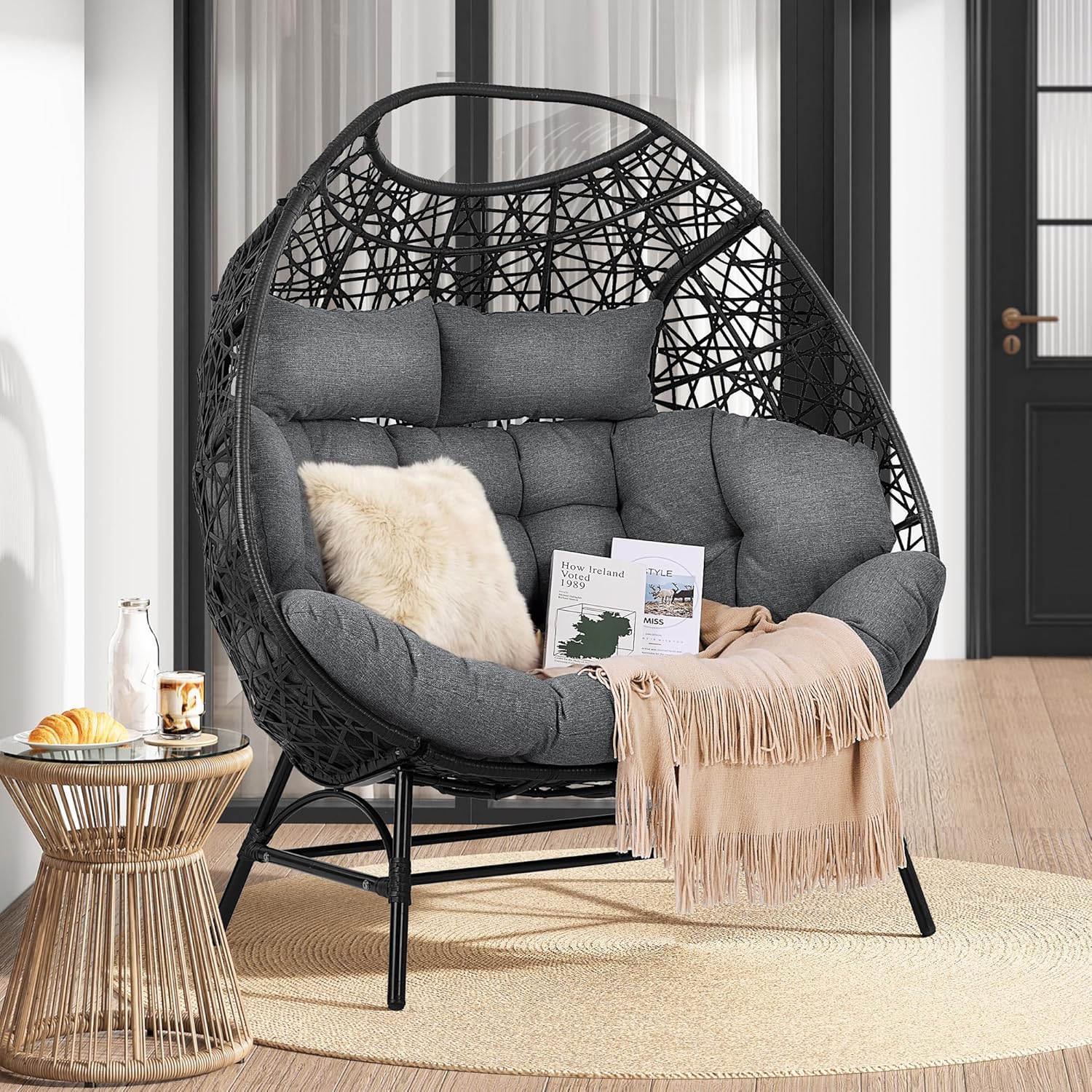 IRONCK Egg Chair Outdoor, Double Egg Lounge Chair with Thickened Padded Cushions and Headrests, 700 Lbs 2 Person Egg Loveseat for Garden, Indoor, Porch, Balcony, Patio, Dark Gray