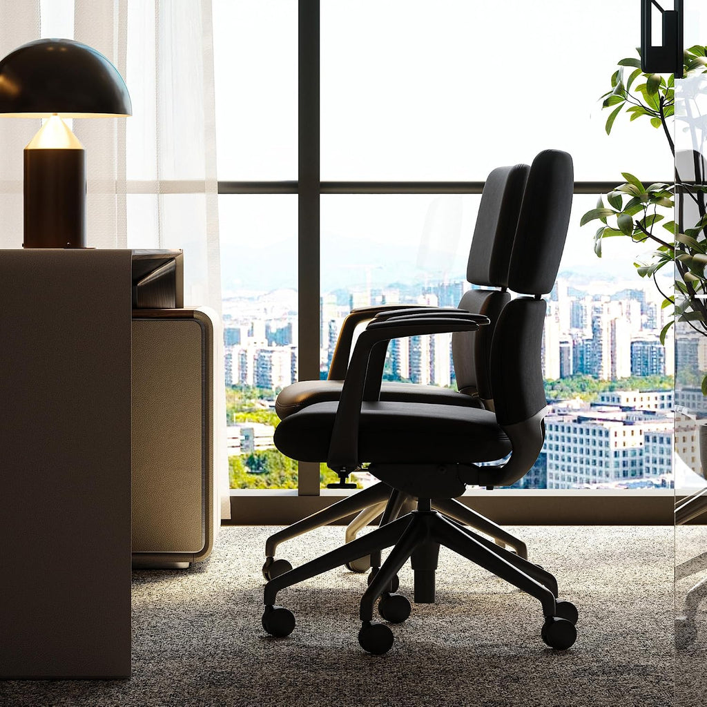 TOMU Genuine Leather Office Desk Chair with Wheels, Ergonomic Leather Executive Chair, Mid Back, Swivel Base with Adjustable Tilt, Modern Style, Luxury Aluminum Frame