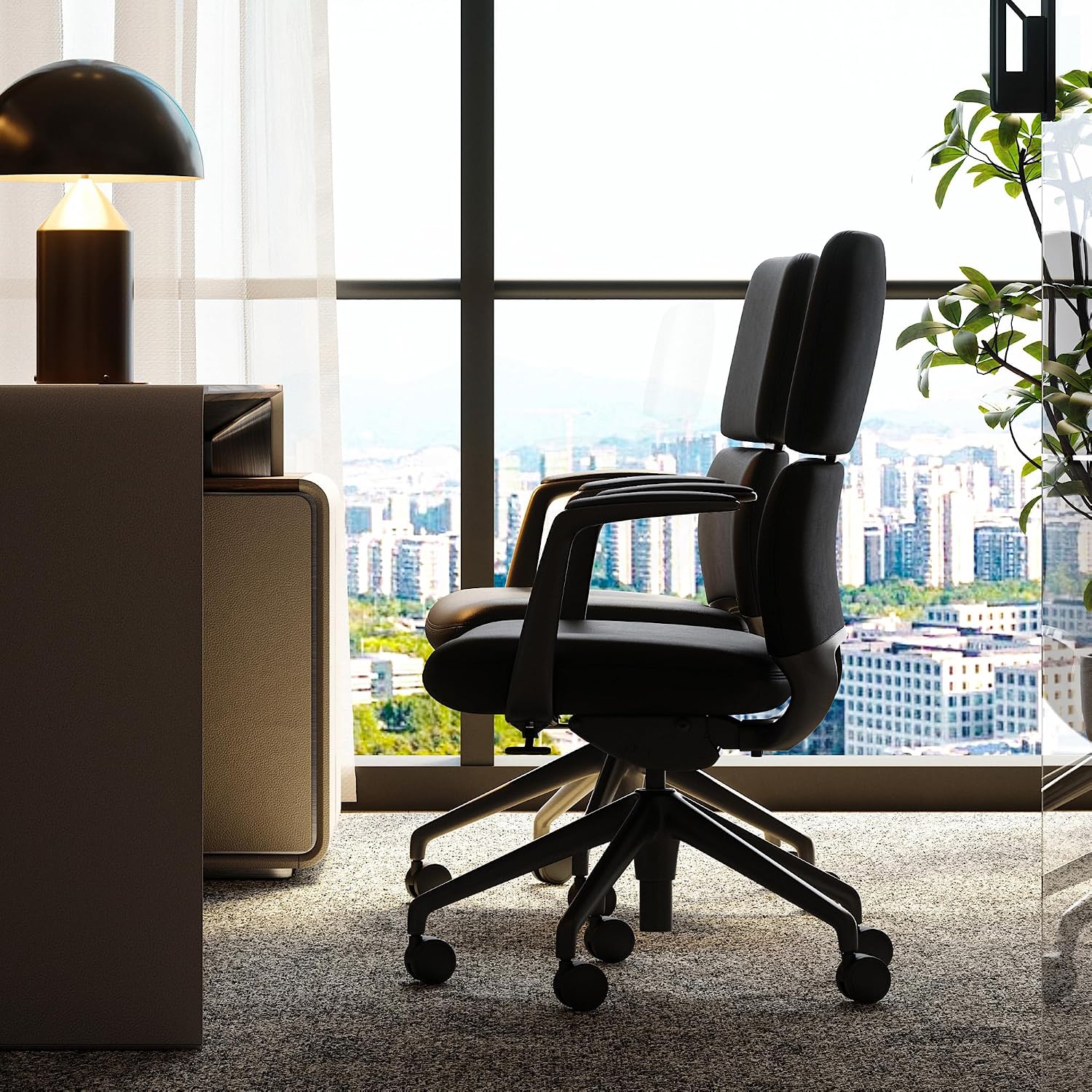 TOMU Genuine Leather Office Desk Chair with Wheels, Ergonomic Leather Executive Chair, Mid Back, Swivel Base with Adjustable Tilt, Modern Style, Luxury Aluminum Frame