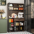 Fatmok 71" Tall Pantry Cabinet with Glass Doors, Kitchen Hutch Storage Cabinet, Coffee Bar & Liquor Cabinet with Charging Station & LED Lights, Wine Rack, Adjustable Shelves＆Large Drawer, Brown