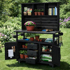 65''H Large Garden Storage Potting Bench with Lockable Wheels, Wood Outdoor Kitchen Island with Stainless Steel top, Drawers, Door Shelves and Hutch (Black-Wheels)