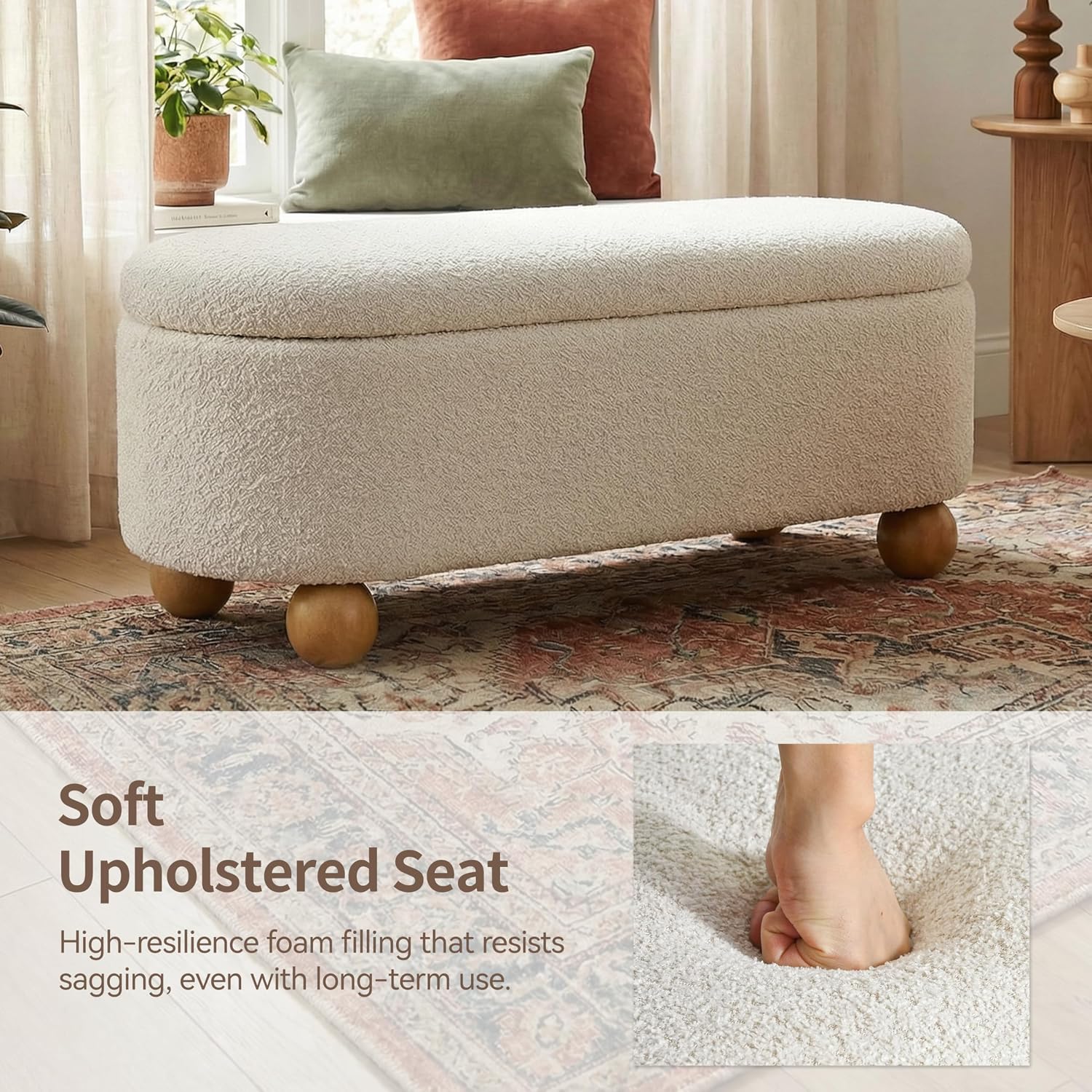 VKNOW 44.8" Storage Ottoman Bench End of Bed Bench, Thickened Upholstered Blanket Chest for Living Room, Entryway Bench with Hinge and Cute Spherical Solid Wood Stool Legs for Bedroom, Beige