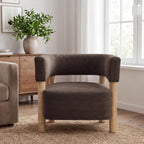 Christopher Knight Home Carly Low Profile Accent Chair, Boucle Upholstered Barrel Chair, Comfy Reading Chair for Bedroom, Wooden Single Lounge Sofa, Dark Brown