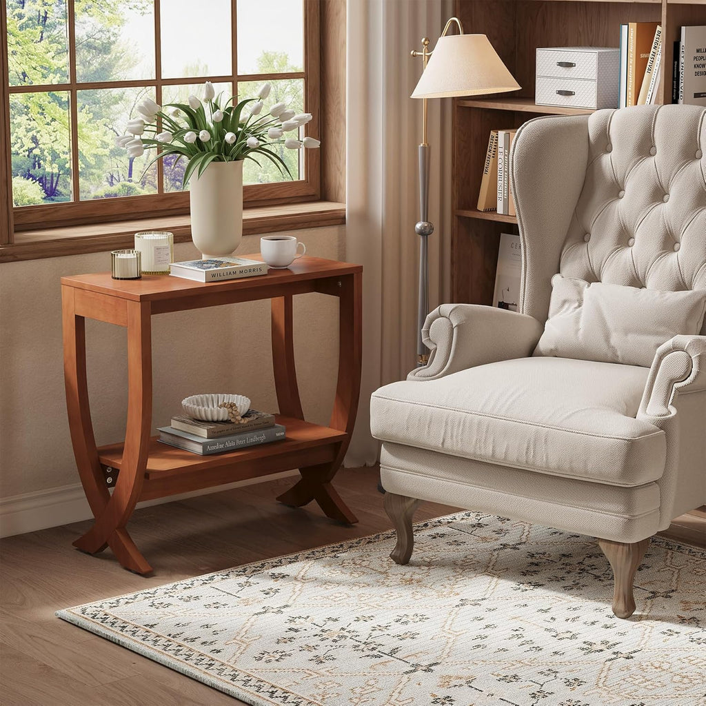 Solid End Table, 2-Tier Couch Side Table with Arched Legs for Small Space, Living Room, Easy Assembly, Warm Walnut