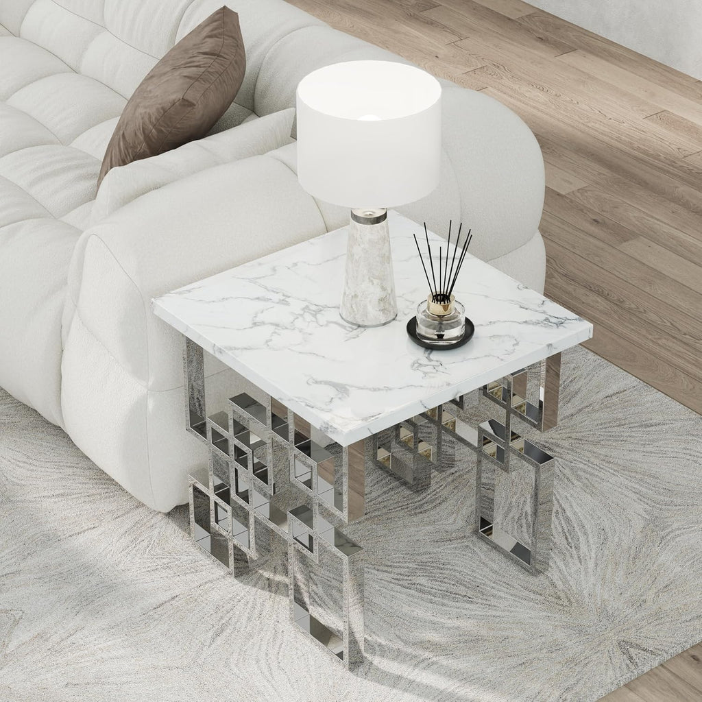 AUZ Silver End Table, Modern Square Living Room Side Table with White Faux Marble Top and Mirrored Silver Metal Geometric Base
