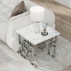AUZ Silver End Table, Modern Square Living Room Side Table with White Faux Marble Top and Mirrored Silver Metal Geometric Base