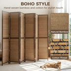 HOMCOM Room Divider, 6 FT Tall Folding Privacy Screen, 6 Panel Hand-Woven Bamboo Wall Partition for Room Separation, Portable Boho Freestanding Wall Divider for Bedroom, Home Office, Brown