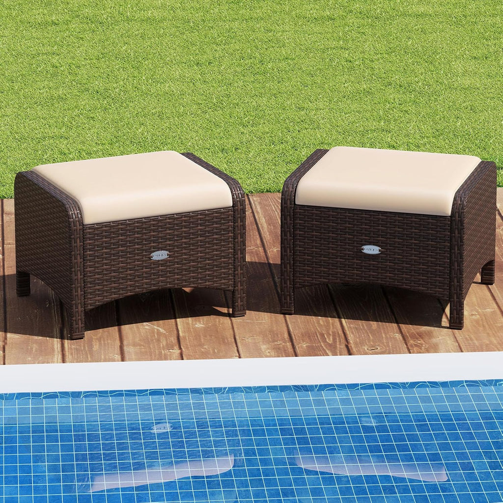 Tangkula 2 Pieces Outdoor Patio PE Wicker Ottomans with Removable Cushions, Outdoor Furniture for Additional Seating, Footrest and Side Table, Outdoor Footstools for Porch, Garden and Backyard