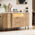 54" Fluted Sideboard Buffet Cabinet with Storage, Mid Century Coffee Bar with LED Light & Slide Doors, 2 Drawers, Modern Storage Cabinet for Kitchen, Living Room, Faux White Marble Top, Oak