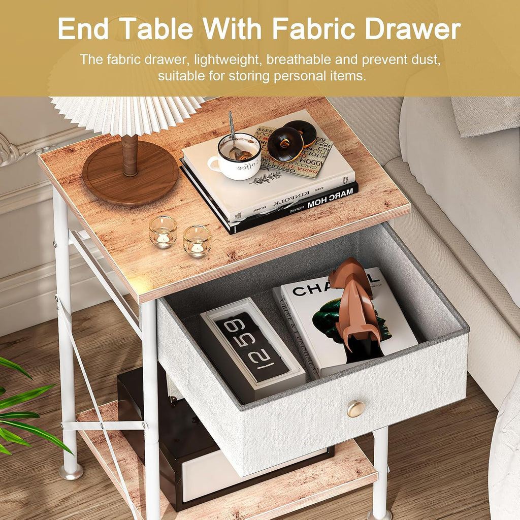 VECELO End Tables, Modern Nightstand with Fabric Drawer & Open Shelf, Night Stand for Bedroom Living Room, Industrial Metal Frame, Easy Assembly, White,1 Pack