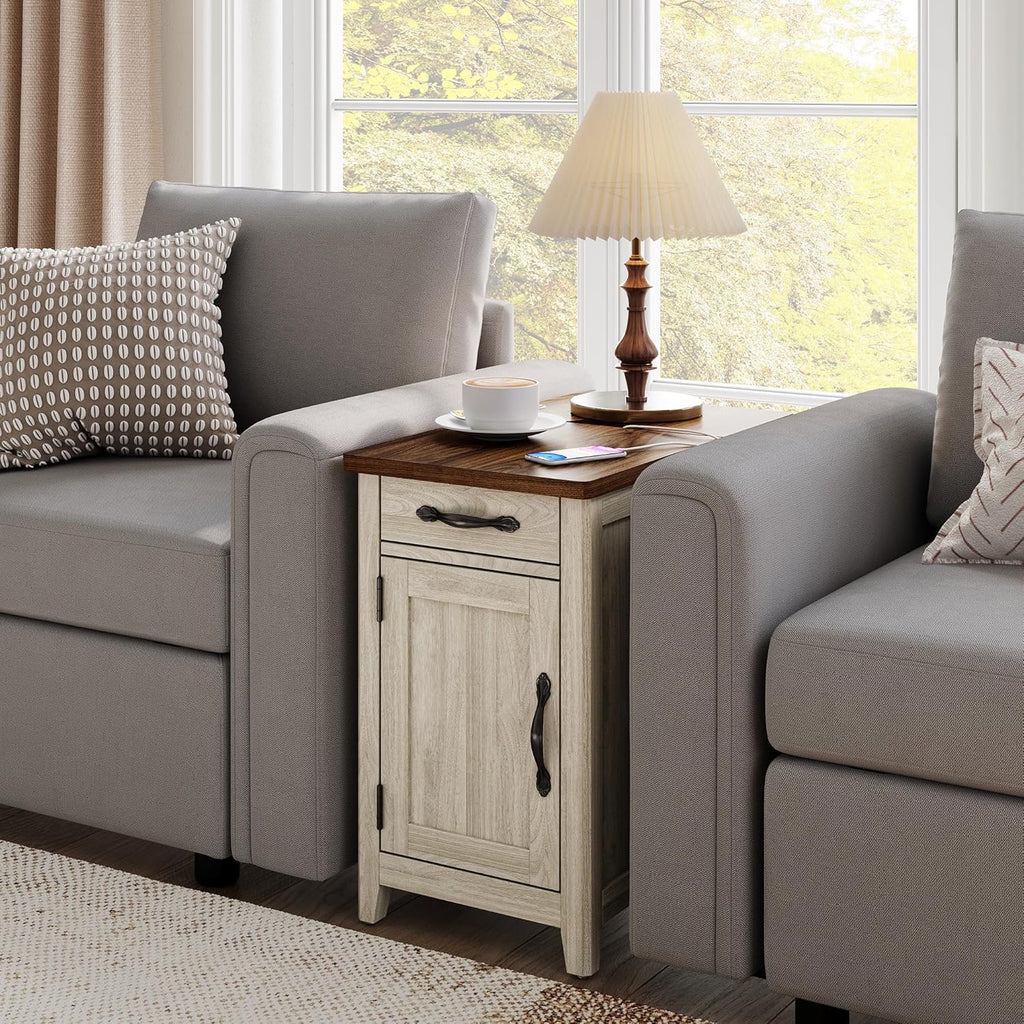 LINSY HOME End Table with Charging Station, Updated Farmhouse Flip Top Sofa Couch Side Table with Cup Holder and Storage Drawer, Wooden Narrow Bedside Nightstand for Living Room, Bedroom, White Oak