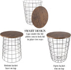 Lavish Home End Tables Set of 2 - Nesting Tables with Removable Wood Tops and Metal Basket Bases for Blanket Storage - Round Side Pieces for Living Room, Bedroom, or Home Office (Brown/Black)
