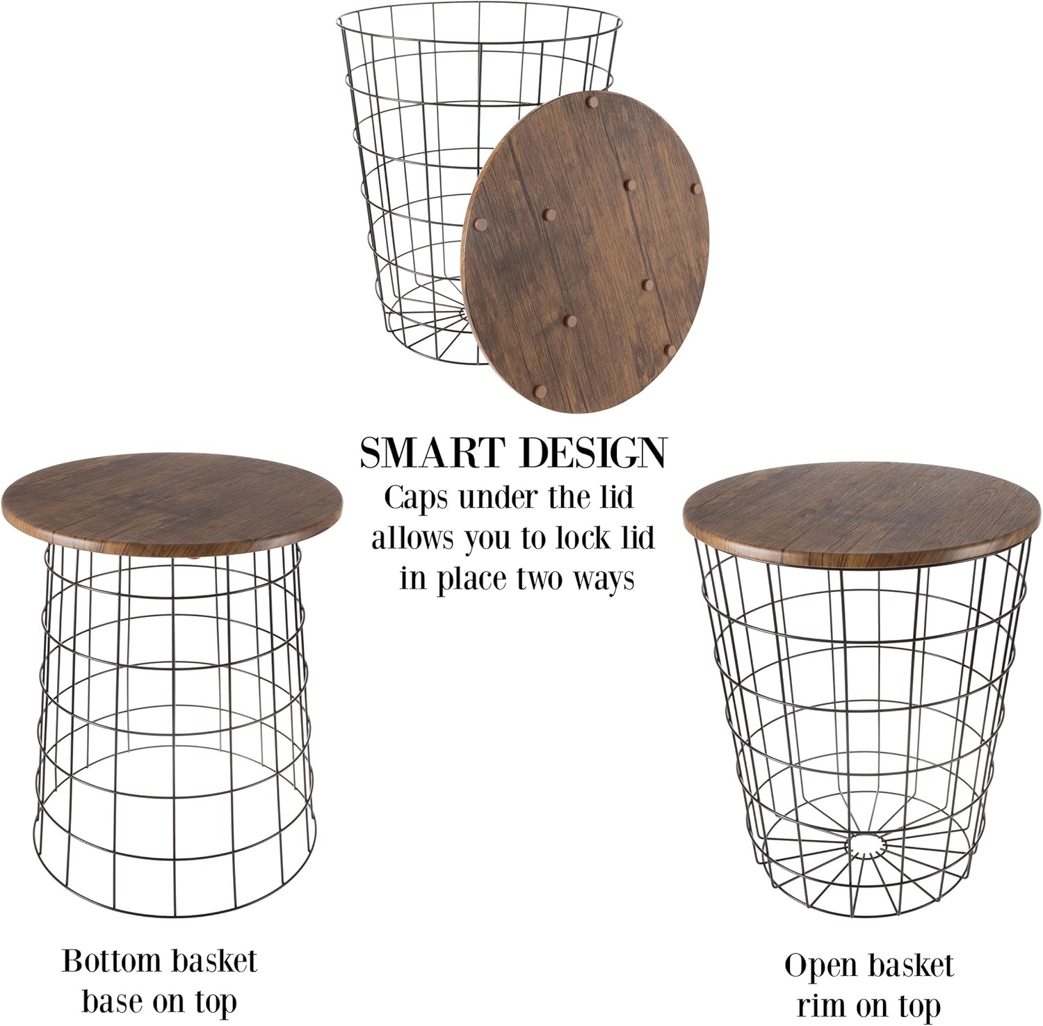 Lavish Home End Tables Set of 2 - Nesting Tables with Removable Wood Tops and Metal Basket Bases for Blanket Storage - Round Side Pieces for Living Room, Bedroom, or Home Office (Brown/Black)