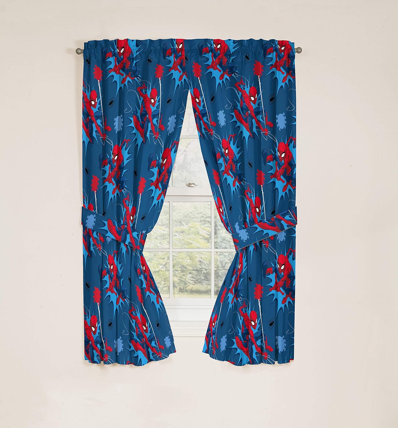 Jay Franco Kids Window Drapes - 4 Piece Curtain Set Includes 2 Tiebacks, Beautiful Bedding Room Décor and Easy Set Up, Blue - Spiderman, 63 Inch