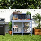 Outdoor Potting Bench Table,Garden Work Bench Metal Tabletop Horticulture with Shelf Rack Wooden Potting Benches for Outside with Holey Board/Hooks/Pads/Drawer/Adjustable and Cabinet,Gray