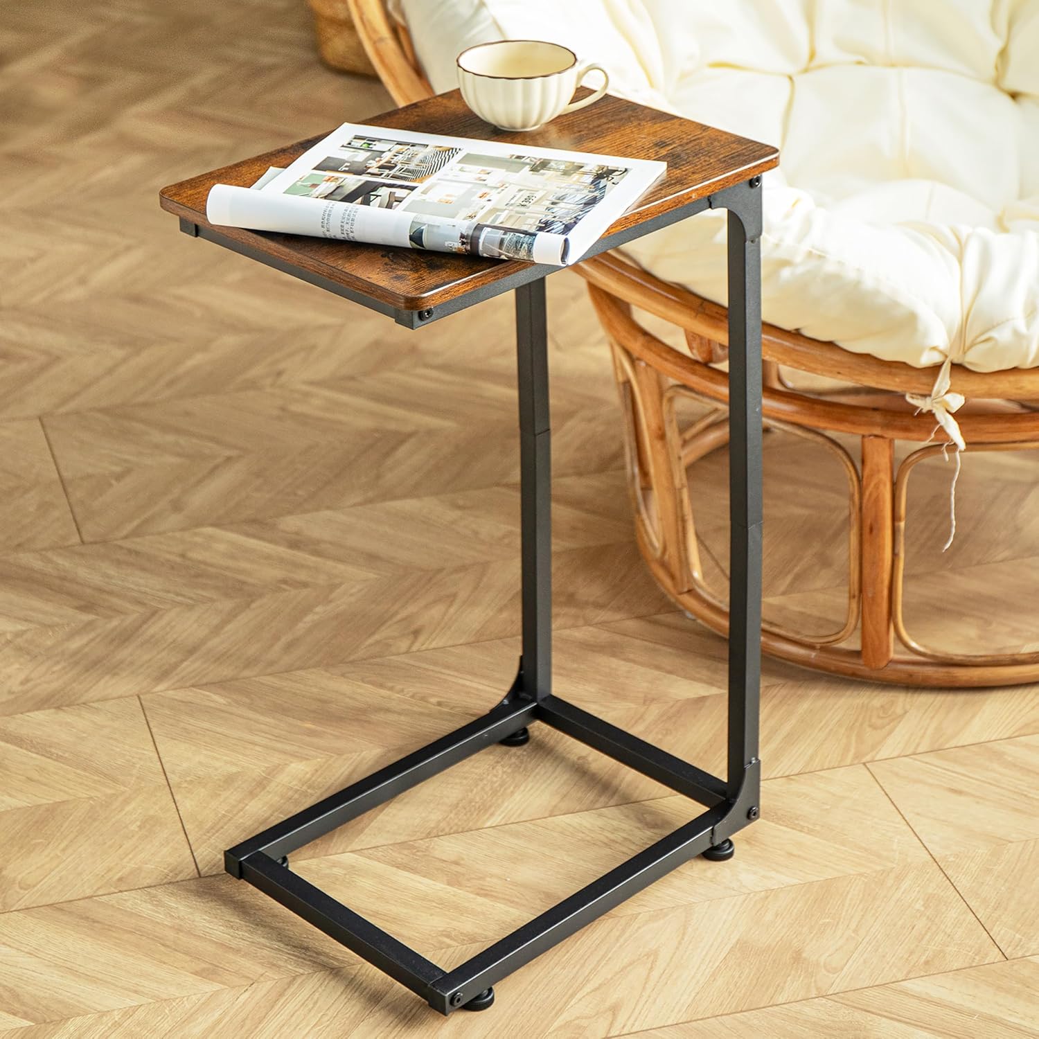 Aliha C Shaped End Table | C Table for Sofa with Rounded Corners | Slide Under Couch Side Table | Wood Top Metal Frame | Living Room Bedroom Bedside |