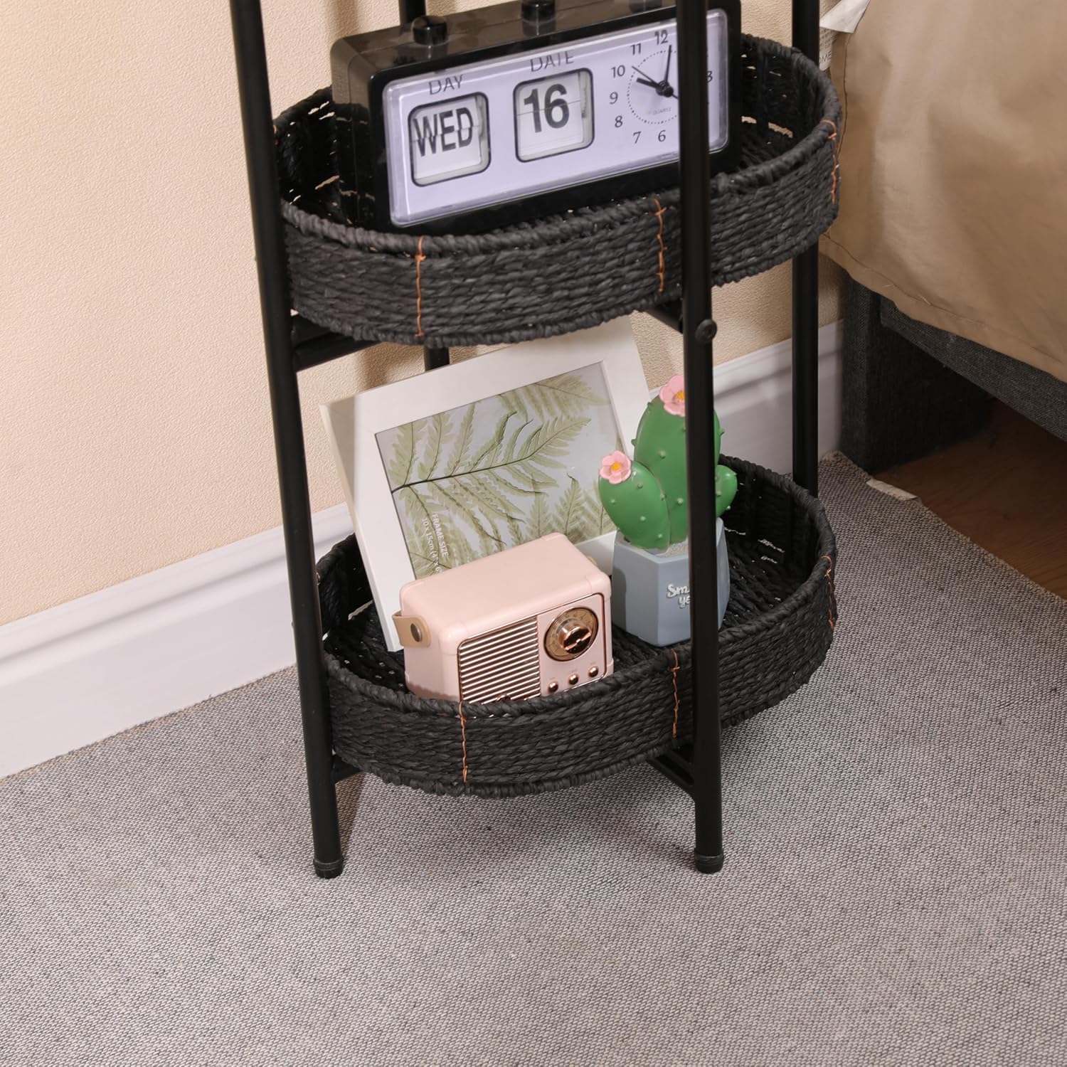 Handwoven Small Side Table, 3-Tier Oval Storage Organizer, Portable Storage Rack for Bedroom, Living Room, Plant Stand, Multi-Purpose Organizer Shelf (Blake)