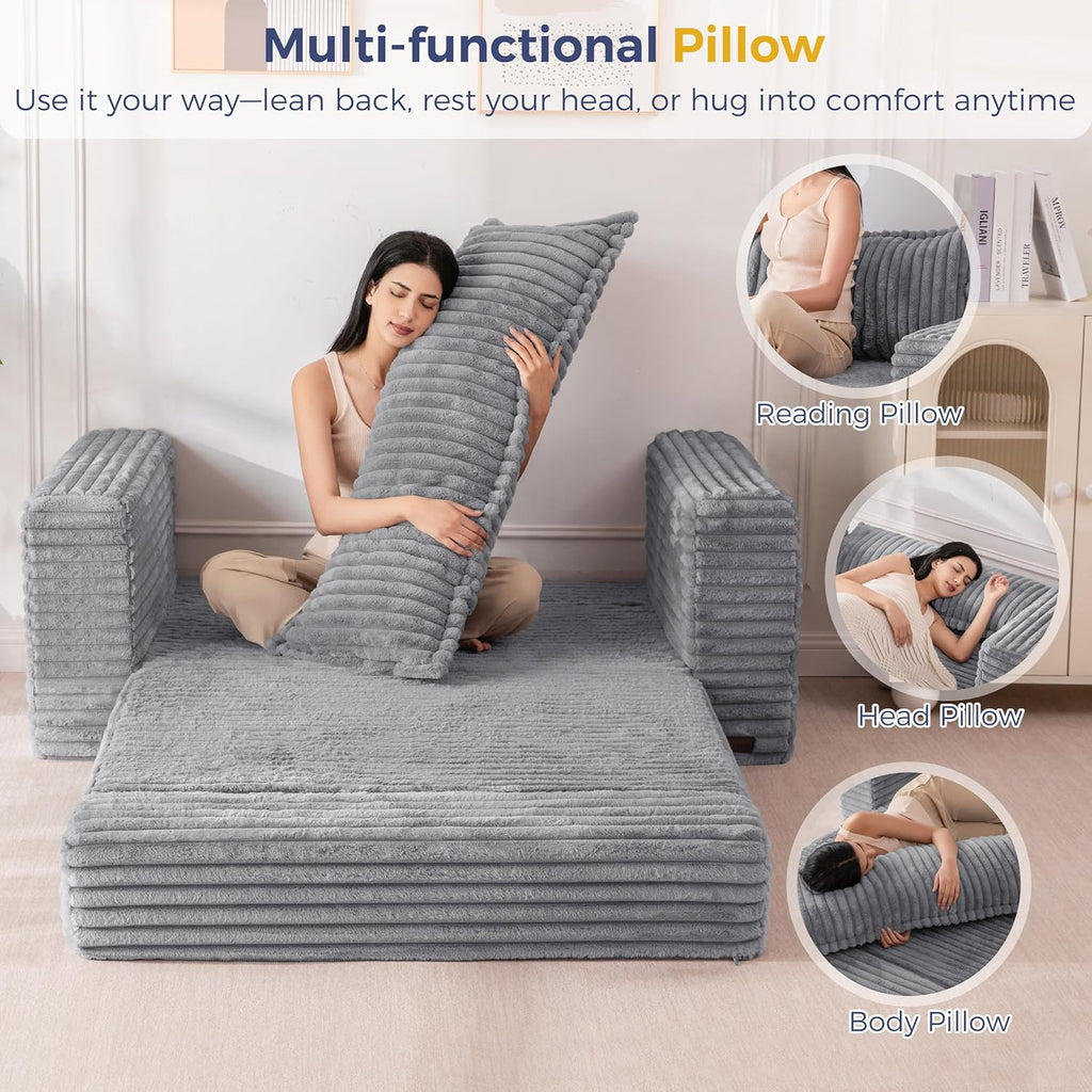 MAXYOYO Convertible Sofa Bed, 2 in 1 Folding Couch Bed for Small Space, Pull Out Loveseat Sofa Couch with Large Back Pillow, Plush Faux Fabric Lounge Couch for Living Room, Apartment, Grey