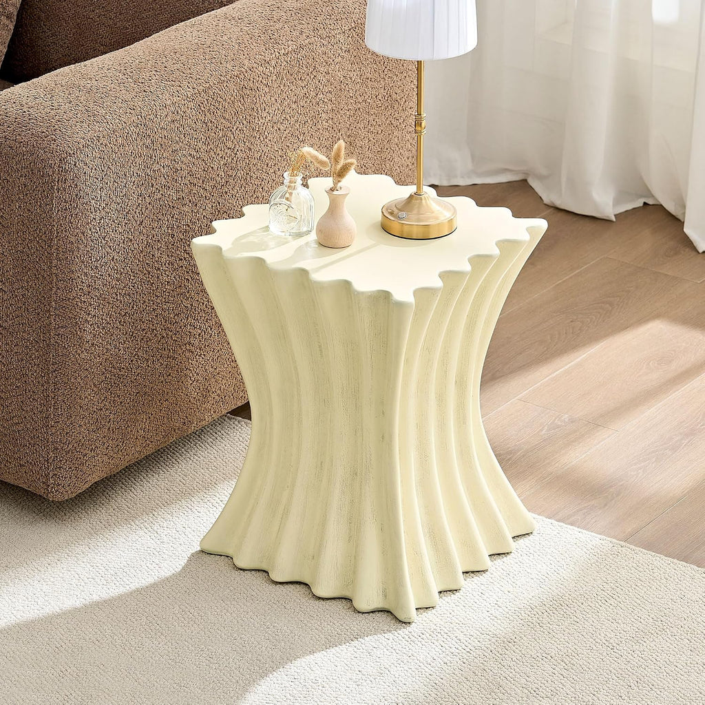 15.16" Square Sofa Side Table with Creative Wavy/Scallop Edge Design, Modern Creative Couch End Table Nightstand for Living Room Apartment Bedroom, No Need Assembly, (Fiberglass, Beige)