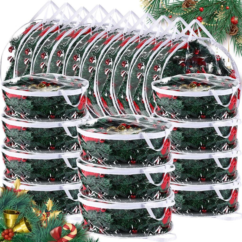 Zhengmy 15 Pcs 24 Inch Christmas Wreath Storage Bags Transparent Wreath Storage Container Bulk Wreaths Box with Dual Zippers and Handles for Xmas Holiday Wreaths Garland