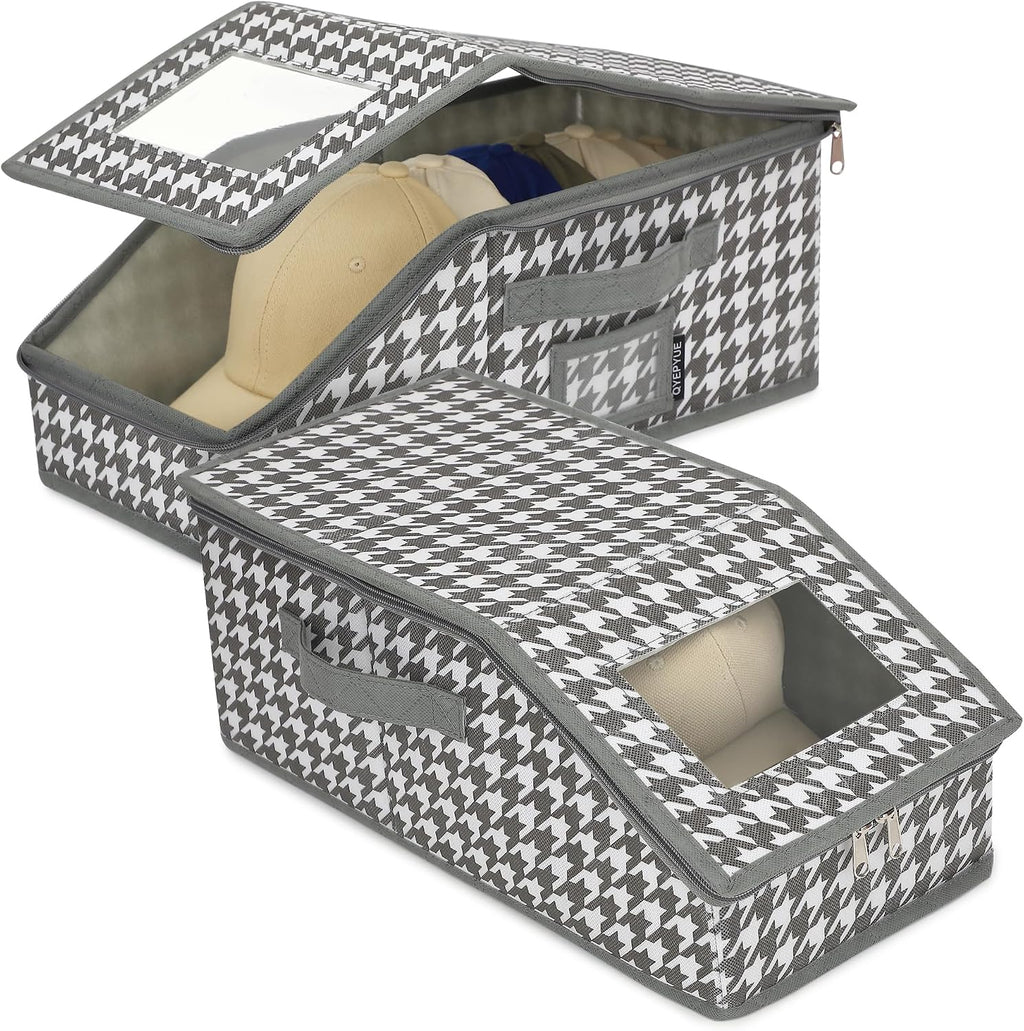 2 PCS Stackable Hat Storage for Baseball Caps, Large Hat Organizer with transparent window, Holds up to 30 Caps Hat Organizer (Gray and white)