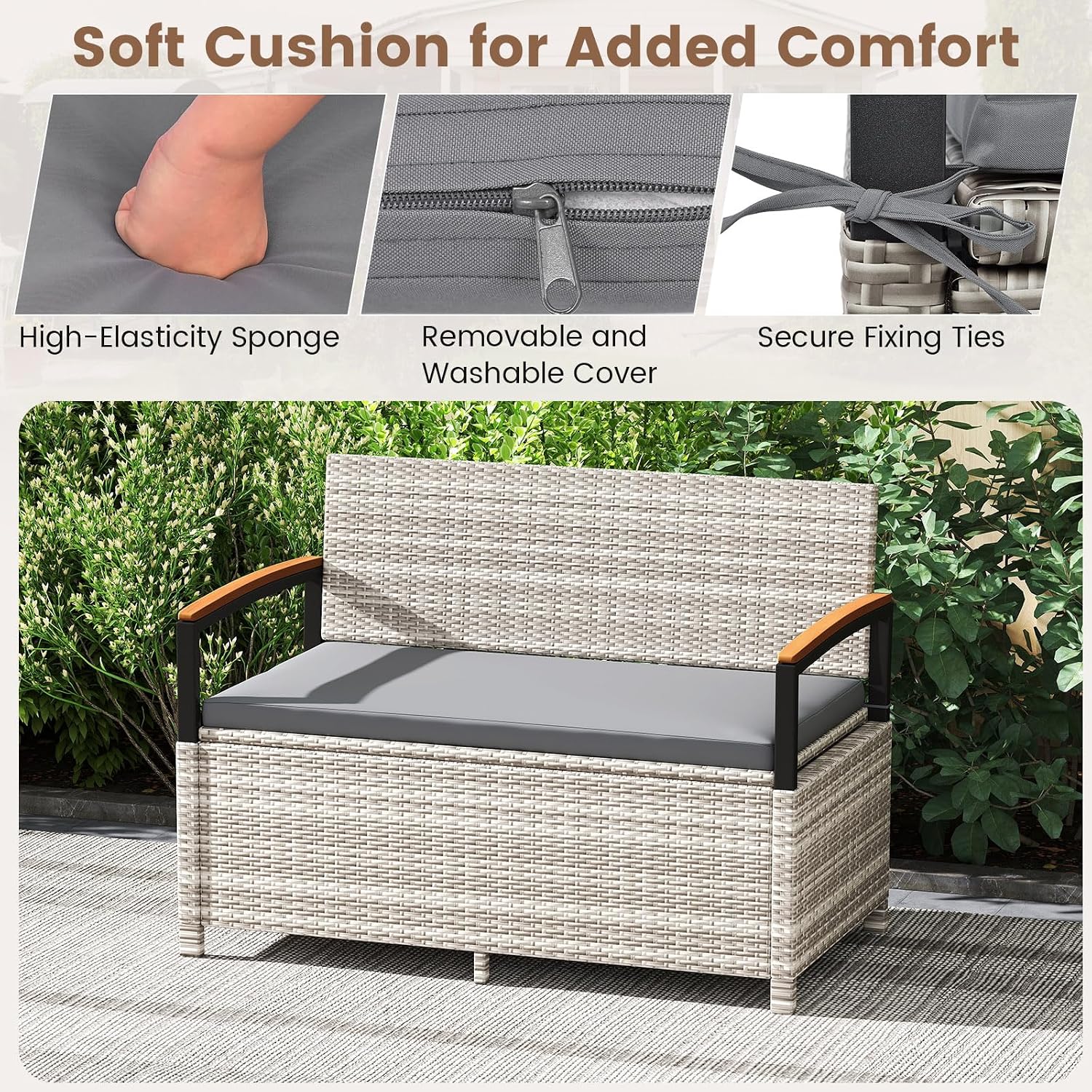 RELAX4LIFE Wicker Outdoor Storage Bench, Rattan Deck Box w/Protective Liner for Patio Furniture Pillows & Garden Tools, Porch Loveseat with Seat Cushion, Acacia Wood Armrests (Grey)