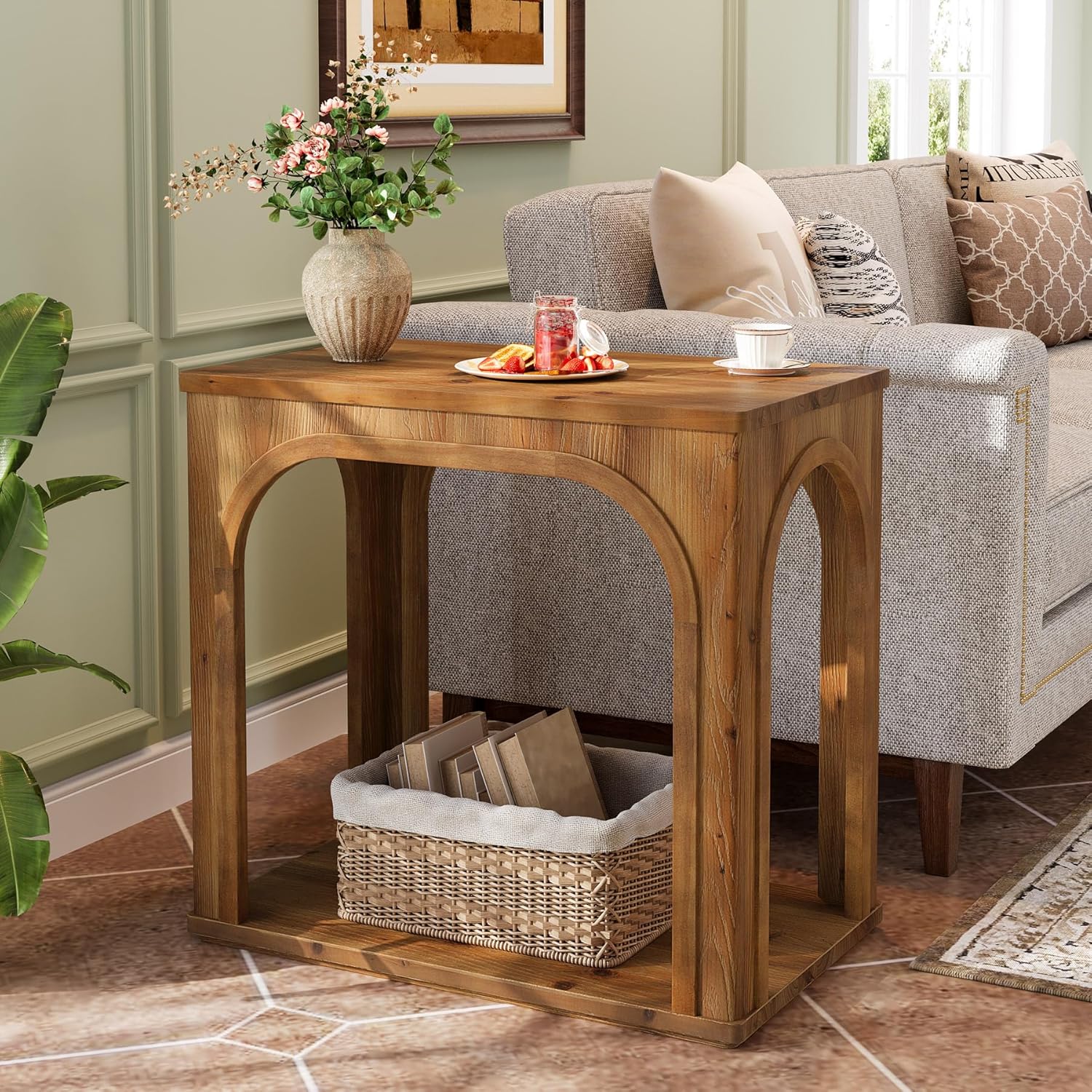Tribesigns Arched Side Table, 2-Tier Farmhouse Solid Wood End Table with Bottom Shelf, Wooden Night Stand for Living Room, Bedroom, Rustic Brown