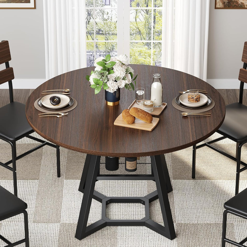 knoworld 43" Round Dining Table for 4, Kitchen Tables Dining Room Circle Dinner Table with Pedestal Metal Frame, Space Saving Wood Industrial Kitchen & Dining Room Tables, Walnut 43In