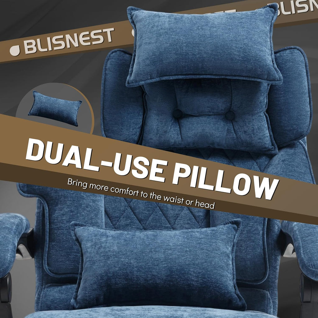Massage Office Chair with Foot Rest,6 Points Vibration&Heat Executive Office Chairs,Big and Tall Fabric Office Chair 500LBS,Ergonomic Desk Chair for Heavy People,Home and Office Computer Chair,Blue
