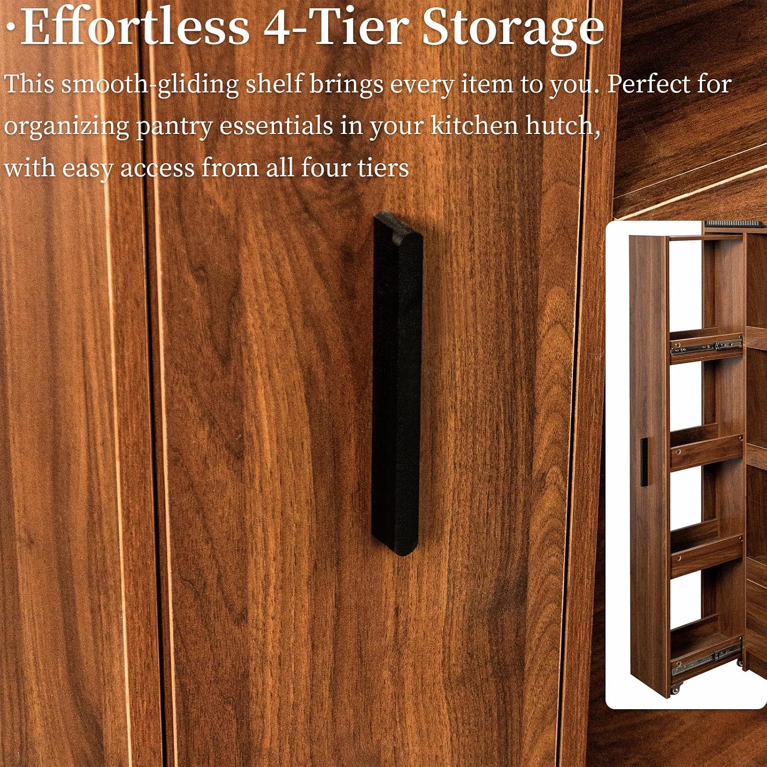 Tall Kitchen Hutch Cabinet with Pull-out Shelves & Drawer Freestanding Pantry Cabinet Large with Cable Management Glass Door Cupboard for Kitchen, Dining Room with Microwave Countertop Walnut Finish