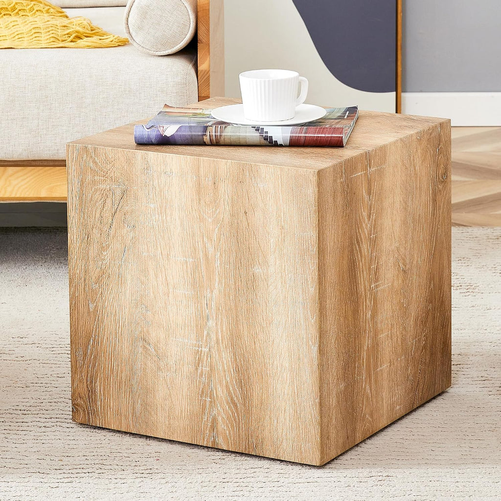 Modern Natural Color Wooden End Table for Living Room, MDF Construction Square Sofa Side Table Small Nightstand for Home Apartment, 15.7 x 15.7 x 15.7 Inch, Easy to Clean, Non-Slip Feet Pad