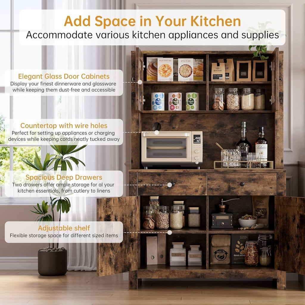 Kitchen Pantry Storage Cabinet with Microwave Stand & Coffee Bar Cabinet,Ample Storage Space with Countertop and 4 Doors, Multi-Scene Use As Hutch or Bar Cabinet, Easy Assembly