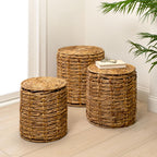 JONATHAN Y Zaria Water Hyacinth and Iron 3-Piece Nesting Table for Living Room with Drum Silhouette, Coastal Round Handwoven Side Tables, Natural TBL2503A-3SET