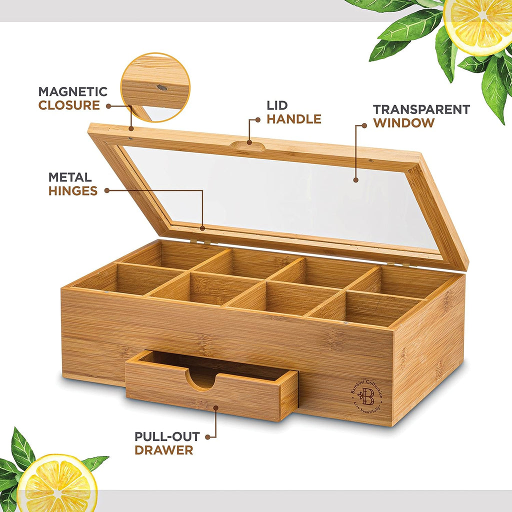 Bamboo Tea Bag Organizer Box - 8 Compartment Tea Storage Box with Acrylic Lid, Magnetic Closure and Drawer, Tea Bag Holder for Kitchen Counter, Tea Organizer, Tea Box, Gift for Mom Wife Tea Lovers