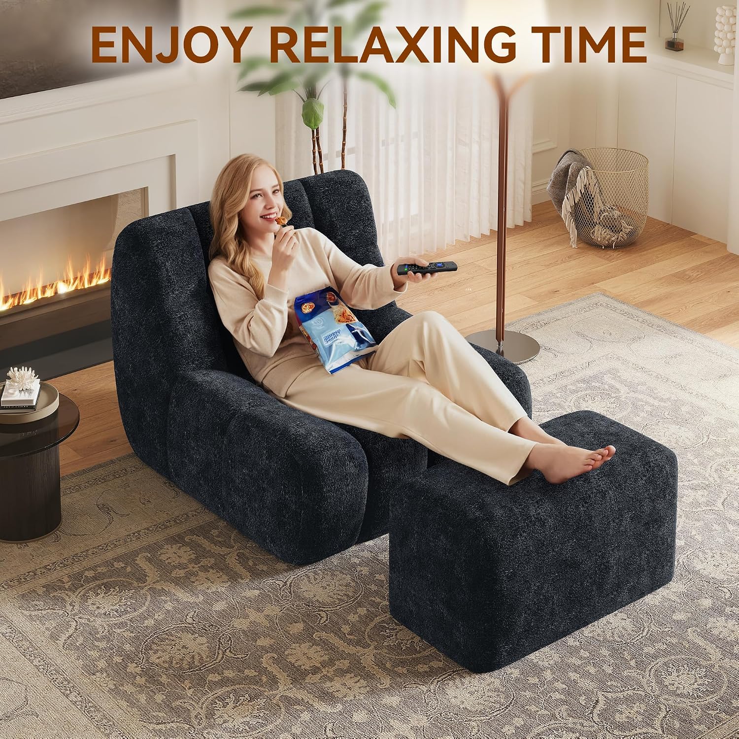 Bean Bag Chair With Footrest,Integrated Sponge Lounge Chair,Comfortable Bean Bag Sofa with Backrest, Faux FurBeanBagChair forAdultsandKids, Ideal for Bedrooms,Living Rooms,and Apartments(Black)