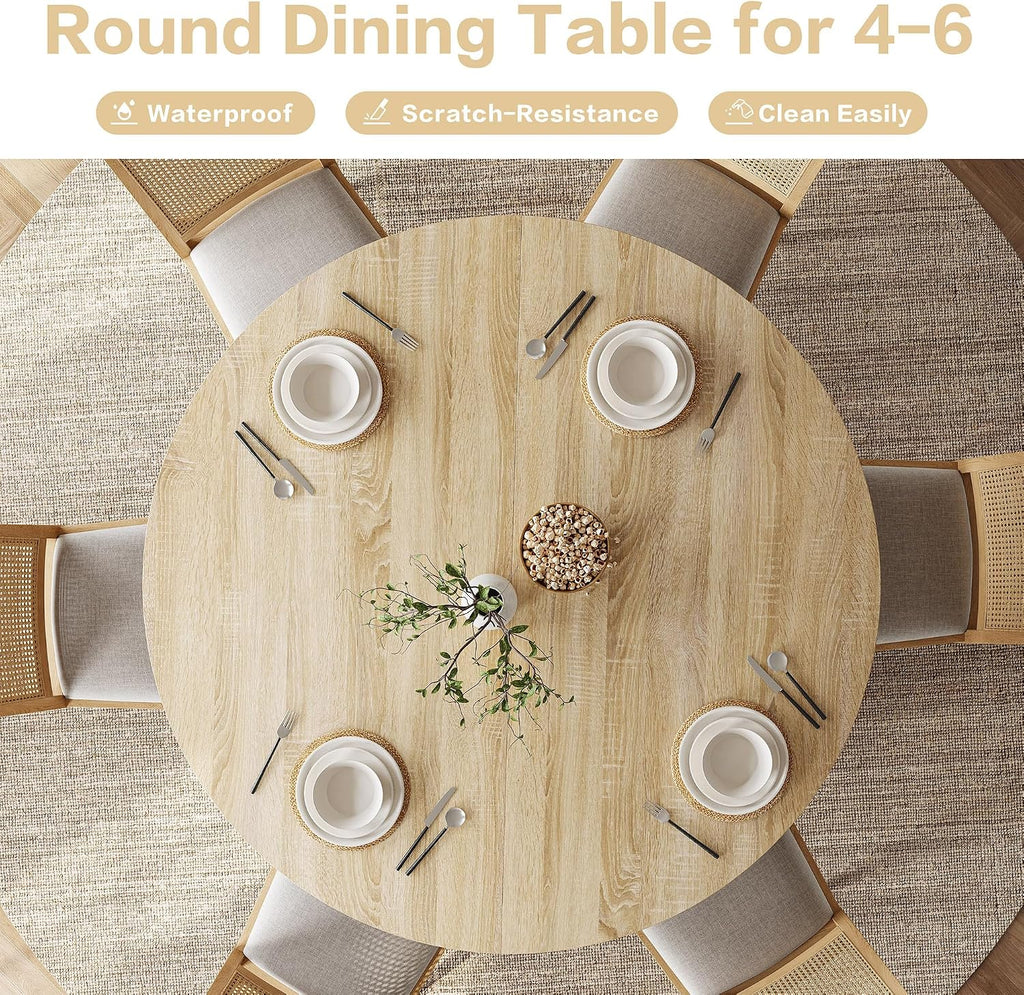 Round Dining Table for 4-6, 43.3" Modern Farmhouse Kitchen Table with Hidden Storage & Tambour Door, Japandi Style Wood Pedestal Circle Table for Small Spaces, Apartment, Dining Room, Classic Oak