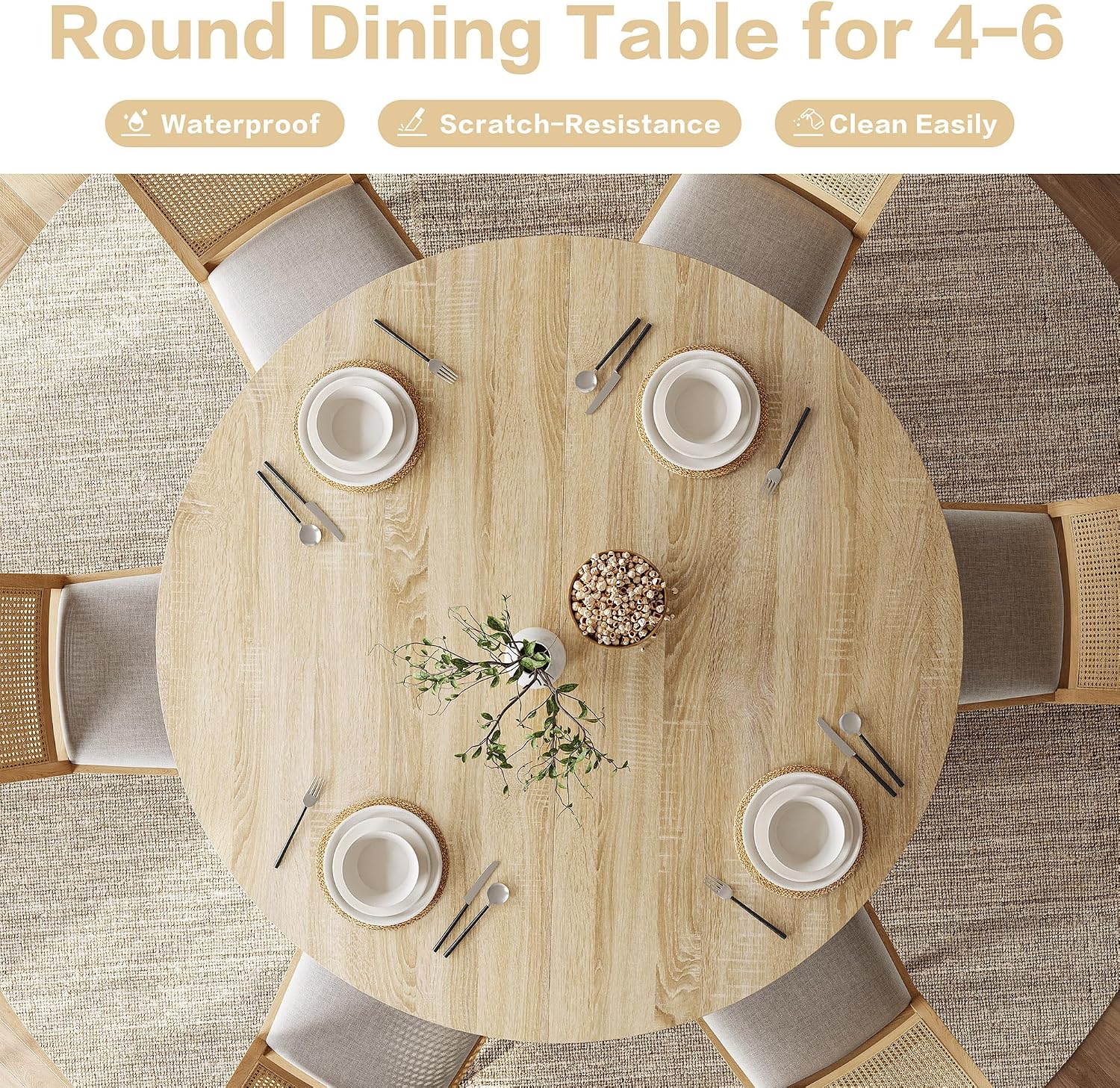 Round Dining Table for 4-6, 43.3" Modern Farmhouse Kitchen Table with Hidden Storage & Tambour Door, Japandi Style Wood Pedestal Circle Table for Small Spaces, Apartment, Dining Room, Classic Oak