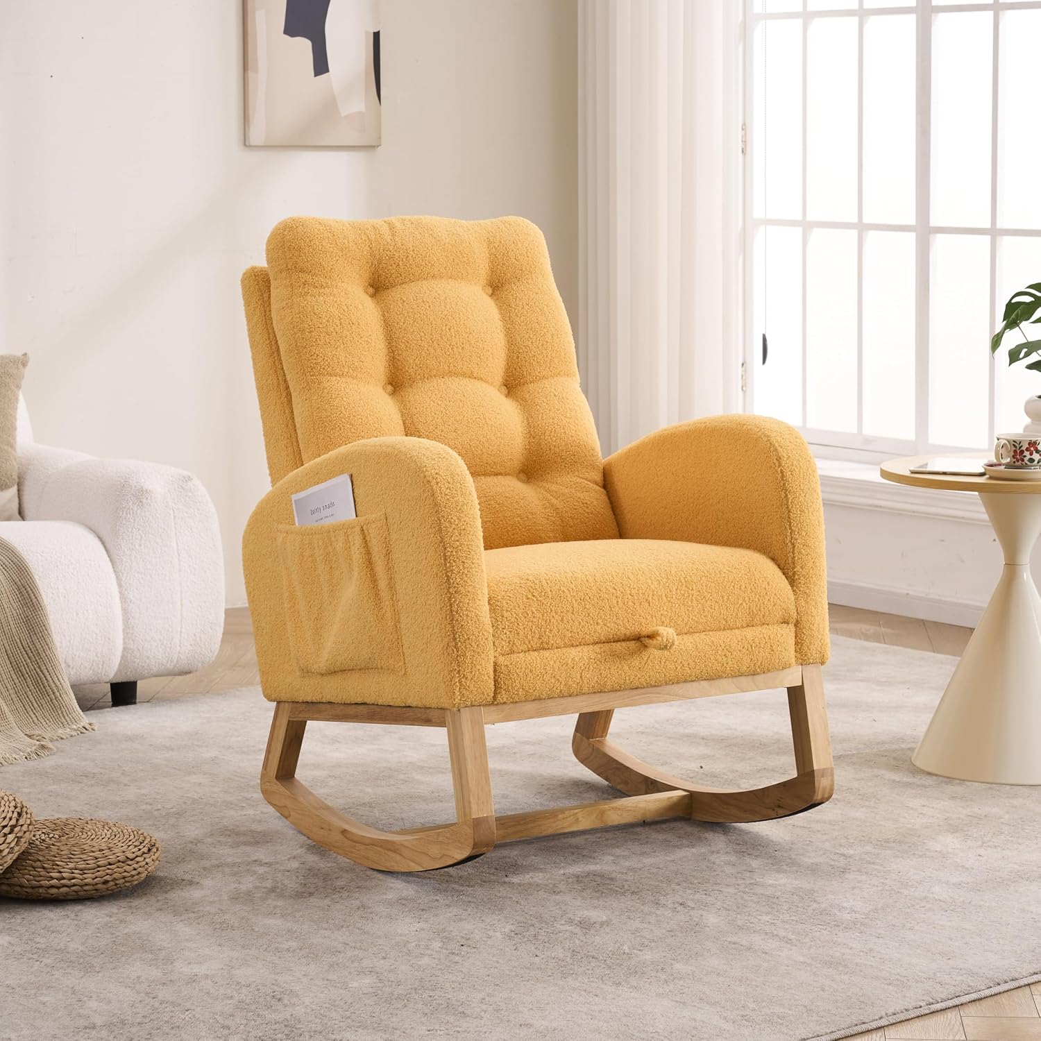 Rocking Chair, Nursery Rocker, Upholstered Accent Chair with Footrest, High Back Armchair for Living Room Bedroom, Yellow, Rubber Wood Legs, Side Pocket, 26.77D 38.36W 39.76H Inch