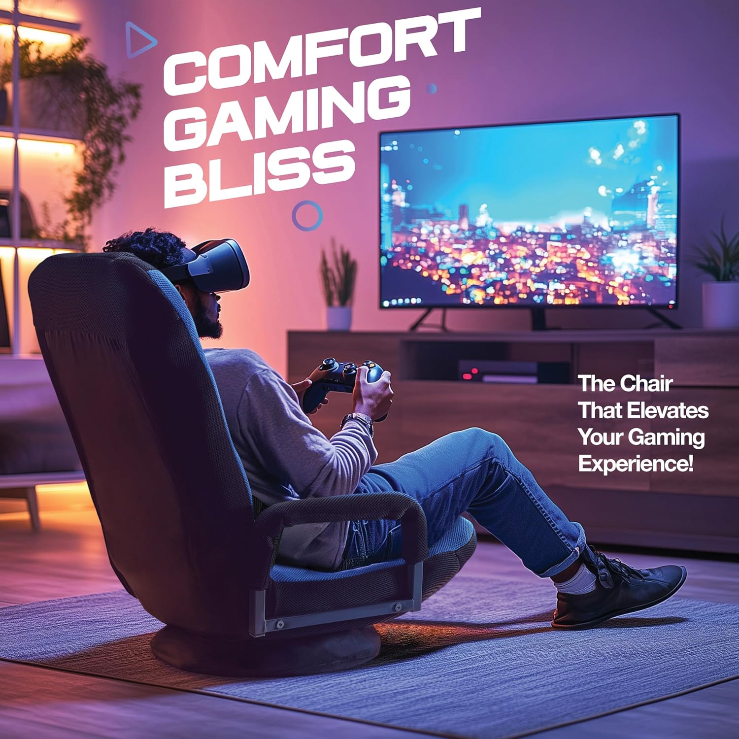 Maple99 Swivel Floor Gaming Chair - Video Lounger Enjoy 6 Different Positions, Adjustable Backrest, Removable Arm Rests, Folds to Store, Stylish Blue with Black Center Stripe