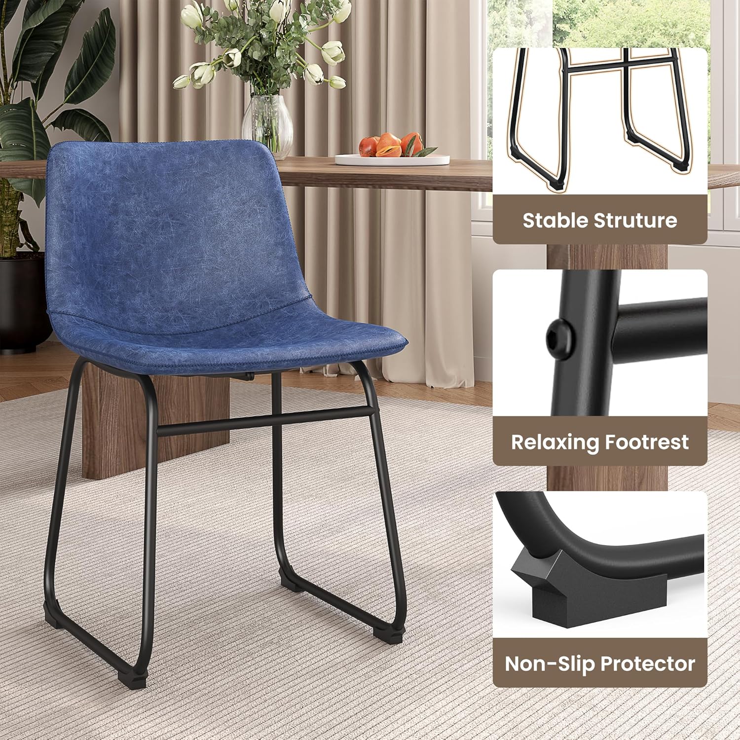 REONEY Dining Chairs Set of 2, PU Leather Armless Dinner Chairs with Backrest, 18" Modern Kitchen Dining Room Chair with Metal Legs for Home (Navy)