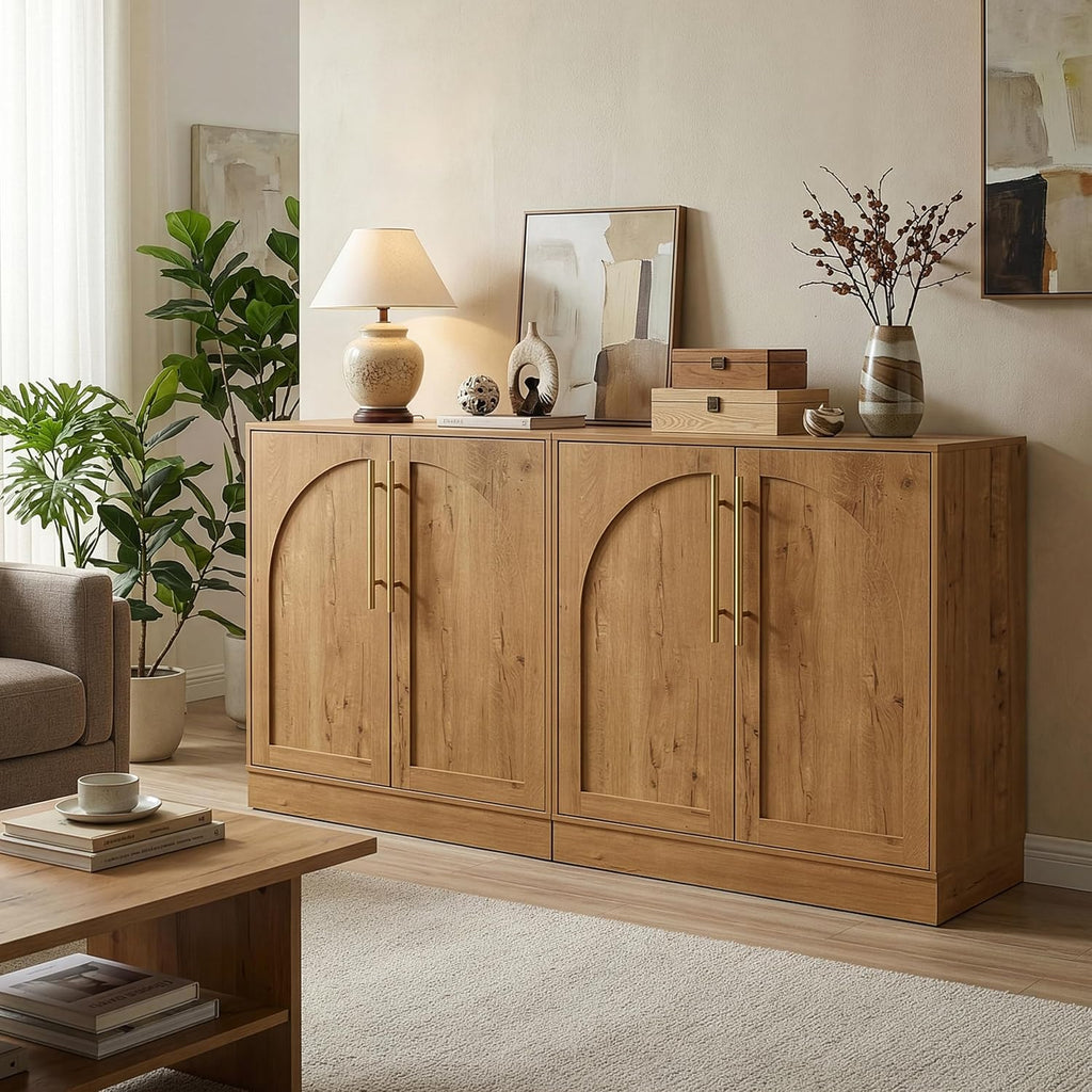 Anbuy Storage Cabinet, Freestanding Sideboard Buffet Cabinet with Arched Design, Adjustable Shelves Wooden Cabinet Ideal for Coffee Bar, Living Room (Oak, Single)