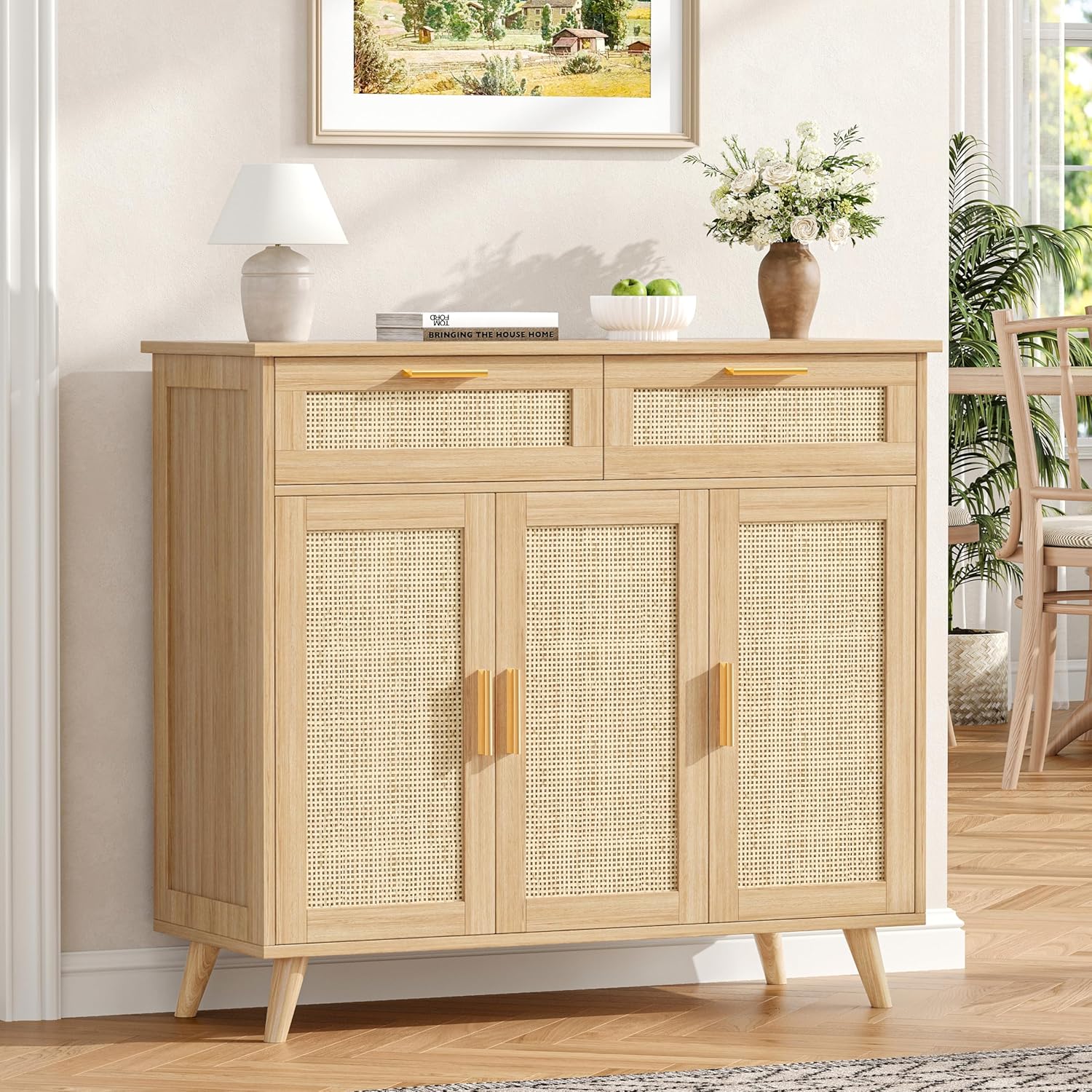 Akxomel Rattan Sideboard Buffet Cabinet with Storage, 35.4" W Buffet Cabinet with 2 Drawers and 3 Doors, Sideboard Storage Cabinet with Adjustable Shelves for Kitchen, Living Room, Natural Oak
