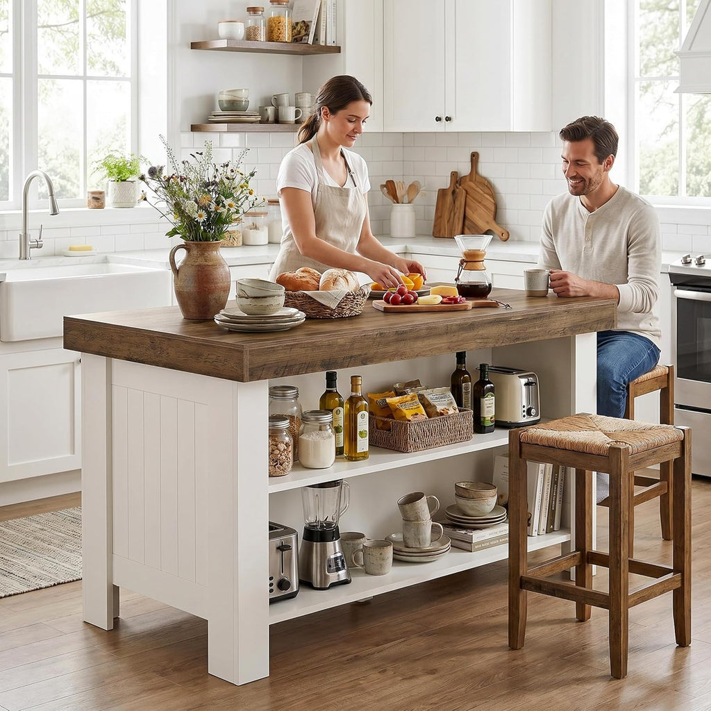 Tribesigns 55-Inch Kitchen Island with Seating and Storage, Farmhouse Wooden Stationary Island Table with Large Worktop & Leg Room, with Storage Shelves for Kitchen, Dining