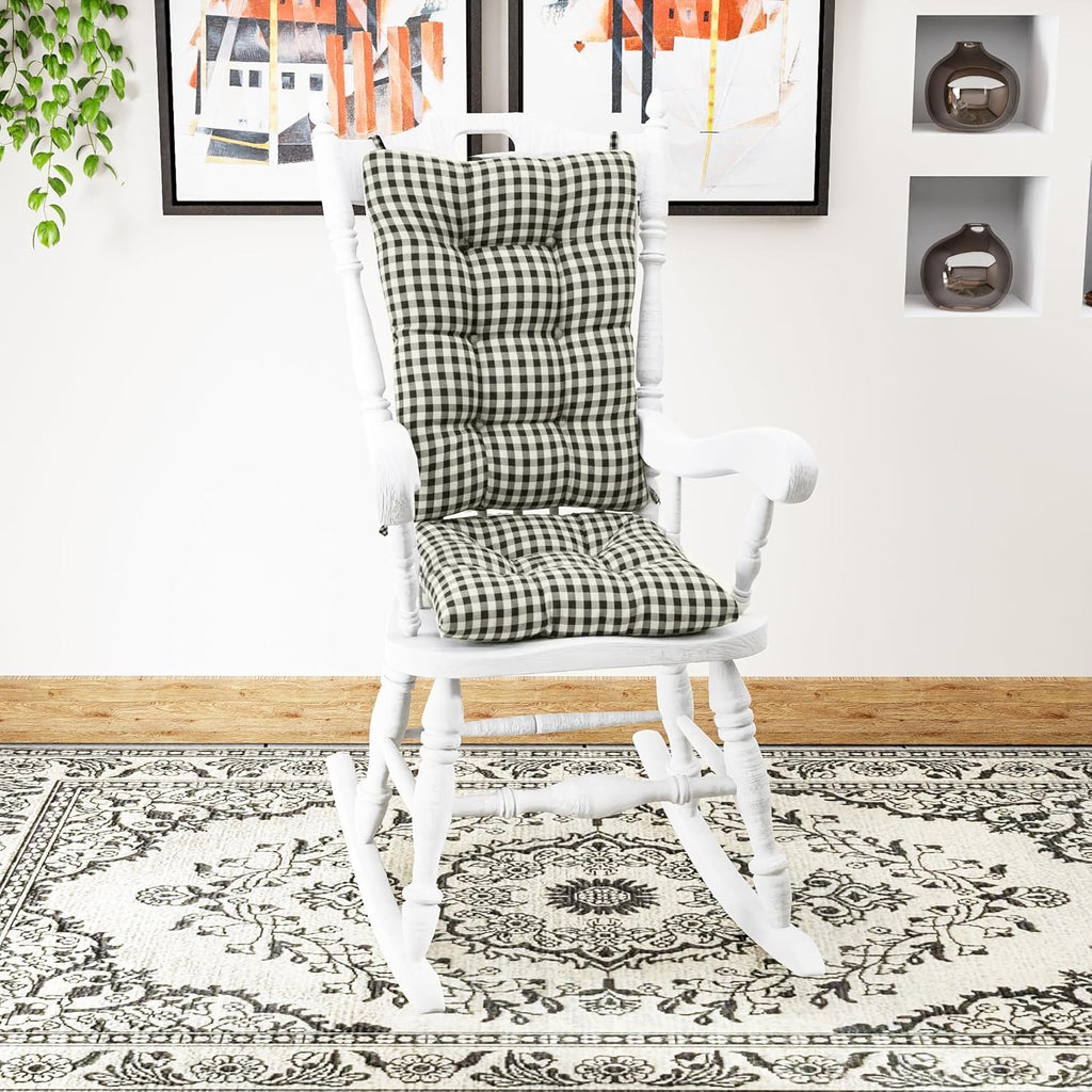 Klear Vu The Gripper Non-Slip Rocking Chair Cushion Set with Thick Padding, Includes Seat Pad & Back Pillow with Ties for Indoor Living Room Rocker, 17x17 Inches, 2 Piece Set, Gingham Black