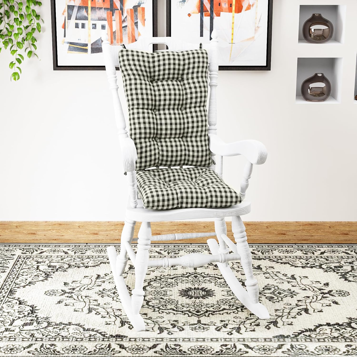 Klear Vu The Gripper Non-Slip Rocking Chair Cushion Set with Thick Padding, Includes Seat Pad & Back Pillow with Ties for Indoor Living Room Rocker, 17x17 Inches, 2 Piece Set, Gingham Black