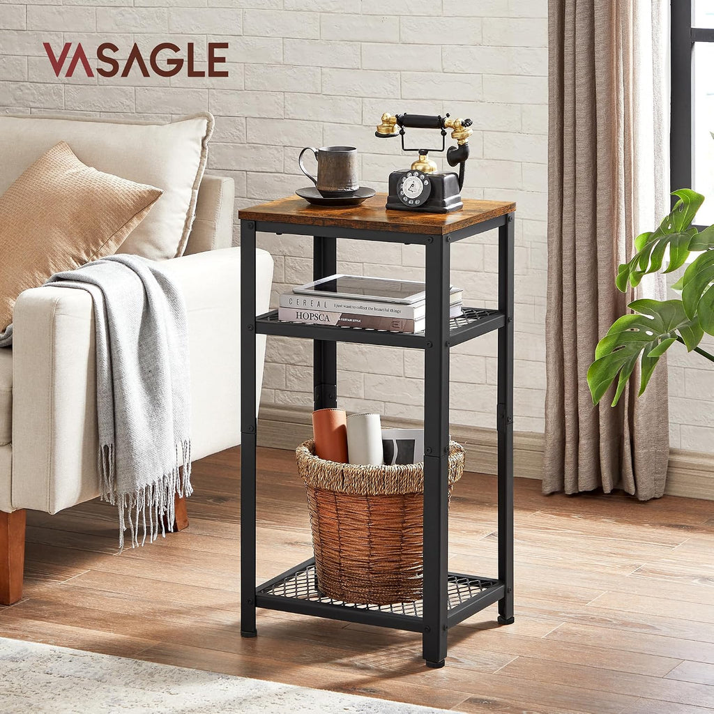 VASAGLE 3-Tier Tall Side Table, Small Telephone End Table Stand with 2 Mesh Storage Shelves for Office, Bedroom, Living Room, Kitchen Cart, Rustic Brown and Ink Black