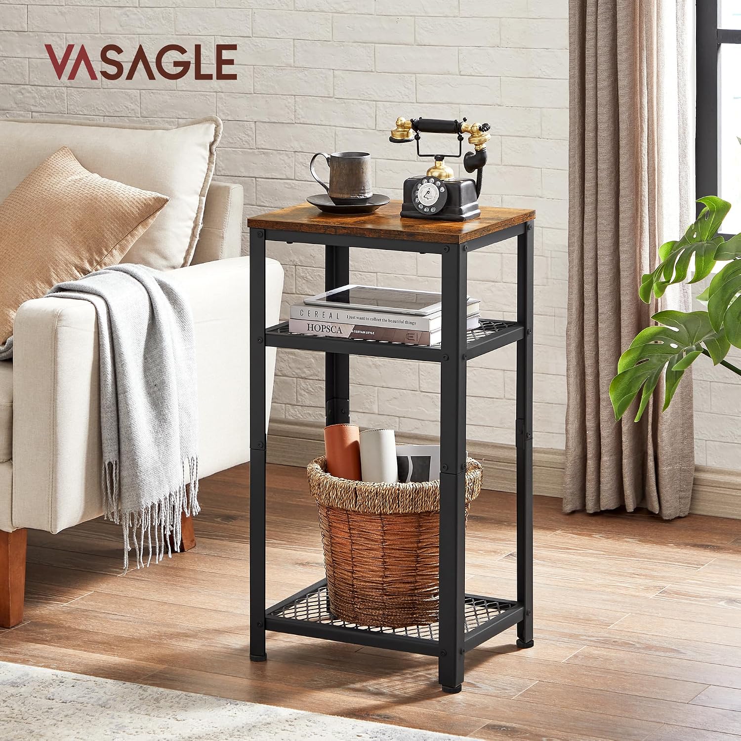 VASAGLE 3-Tier Tall Side Table, Small Telephone End Table Stand with 2 Mesh Storage Shelves for Office, Bedroom, Living Room, Kitchen Cart, Rustic Brown and Ink Black